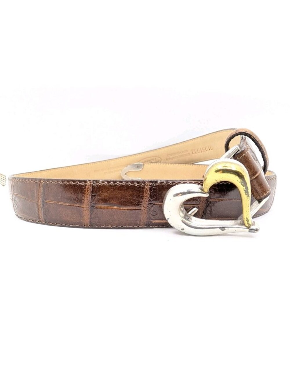 VTG Talbots Belt Women's M Embossed Leather  Brown TwoTone Heart Buckle Made USA
